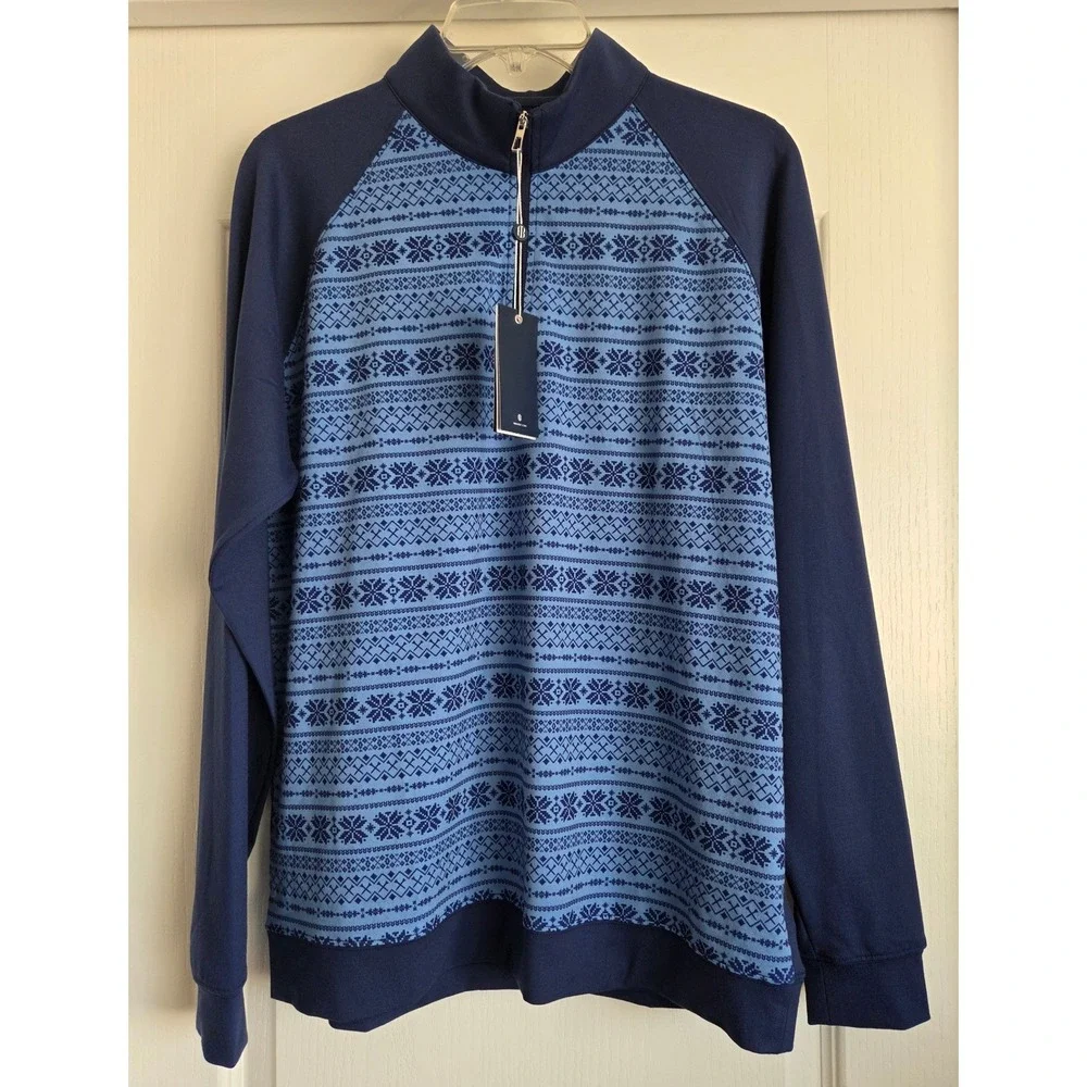 Holderness & Bourne Robinson Fair Isle Quarter Zip Pullover Navy Blue Men Size M